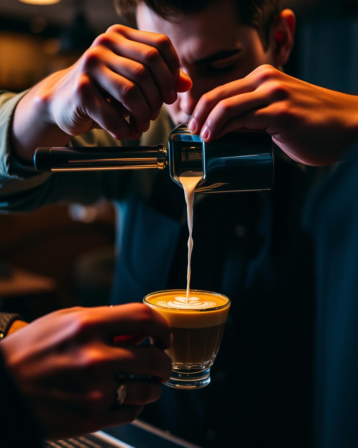 Barista crafting a latte at Amour Cafe